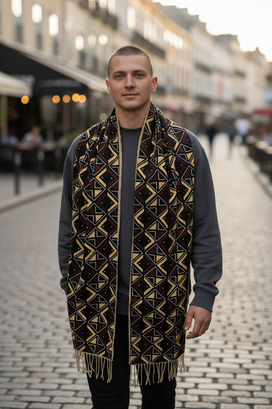 Écharpe BOGOLAN mixte en wax coloré et polaire molletonnée beige, confection artisanale 100 % faite main pour l’hiver