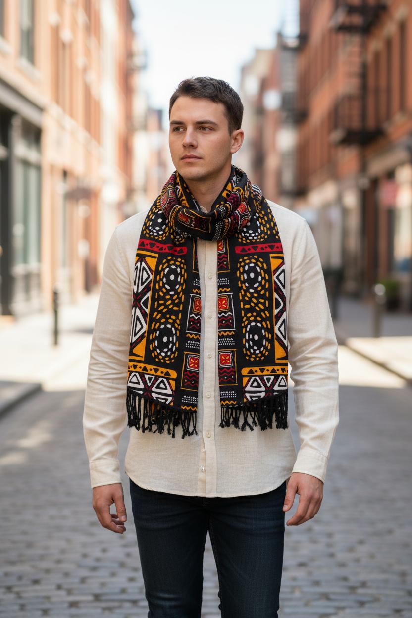 Écharpe mixte adulte en wax et bogolan avec doublure molletonnée – accessoire chaud et stylé