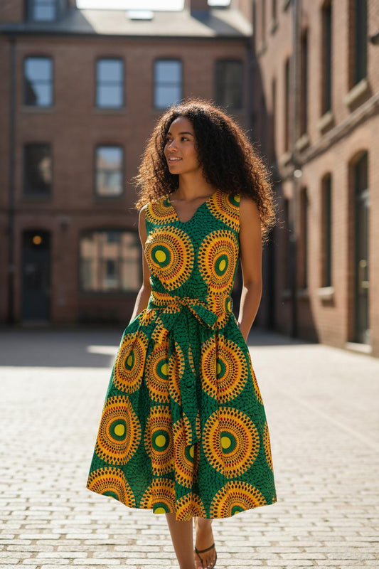 Robe d'été femme en wax sans manche, avec une légère ouverture au niveau de la poitrine et une ceinture à nouer à la taille. Une coupe féminine et respirante pour un look estival afro-chic.