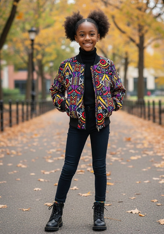 Enfant portant un bomber mixte, veste légère et tendance adaptée aux filles et aux garçons.