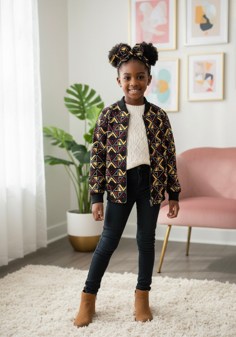 Bomber enfant en tissu bogolan traditionnel avec motifs africains, assorti d’un bandeau coordonné.