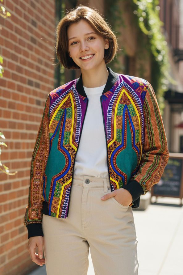Bomber enfant mixte en tissu wax dashiki aux motifs africains colorés, veste légère et stylée pour filles et garçons.