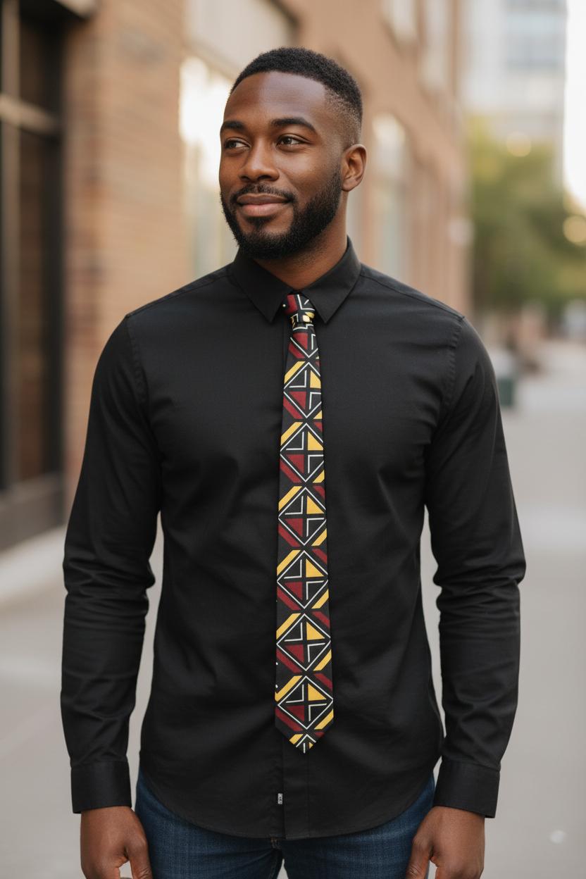 Cravate Bogolan en wax 100 % coton, faite main, modèle unisexe artisanal.