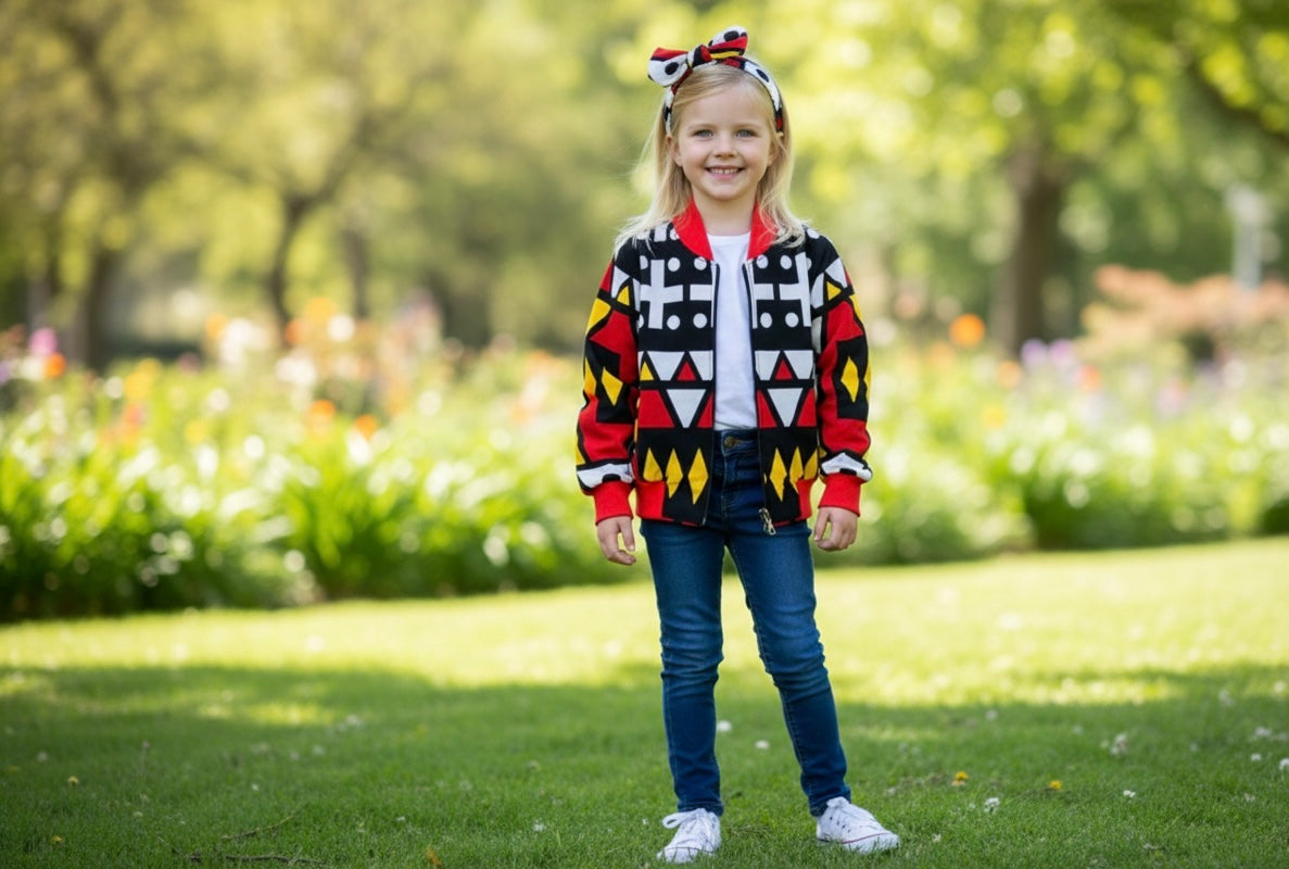 Ensemble fille composé d’un bomber en wax aux imprimés africains et d’un bandeau assorti, idéal pour un style original.