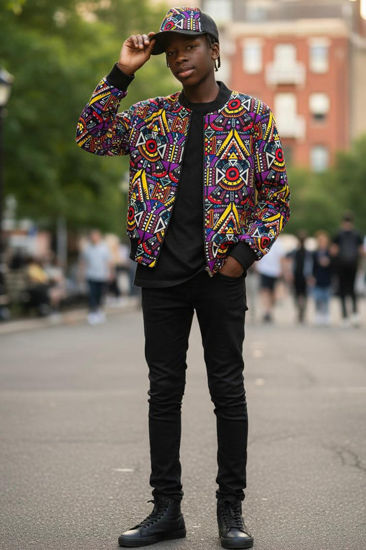 Enfant portant un ensemble mixte bomber et casquette assortie en wax, look coloré et tendance inspiré de la culture africaine.