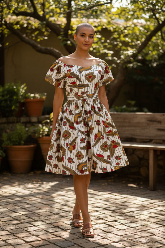 Robe femme à épaules dénudées avec élastique discret aux manches et sur le haut des épaules. Silhouette féminine et fluide, à accessoiriser avec une ceinture au choix pour marquer la taille.