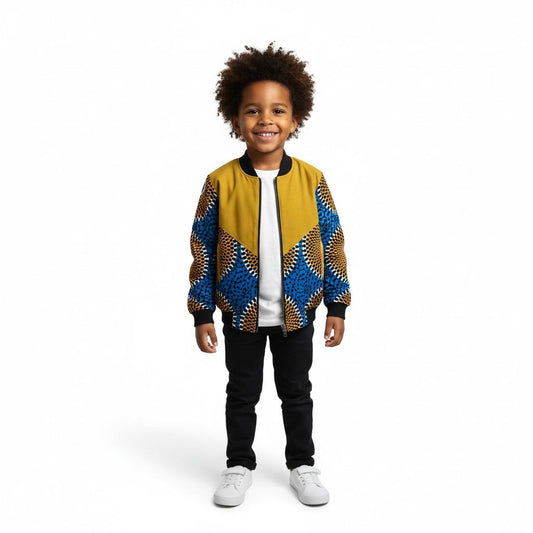 Bomber enfant ESEKA Duo en wax africain bleu et jaune moutarde, veste afro-moderne bicolore faite main, de 2 à 12 ans
