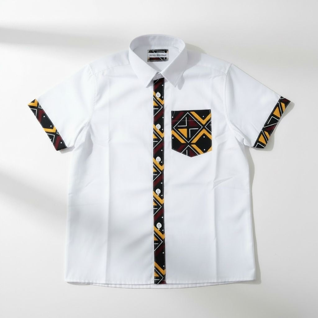 Chemise garçon BOGOLAN – Blanc & wax bogolan 100% coton