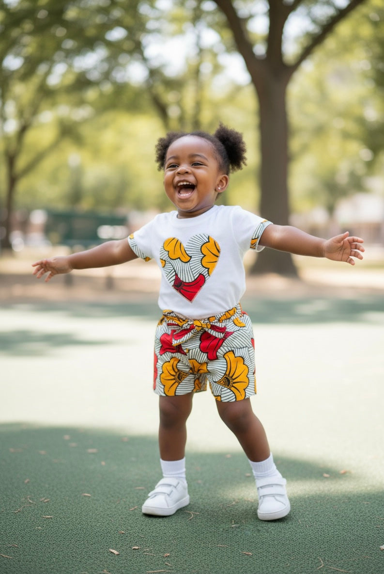 Tenue chic pour enfant – short en wax à fleurs et t-shirt customisé, parfaite pour cérémonie ou fête