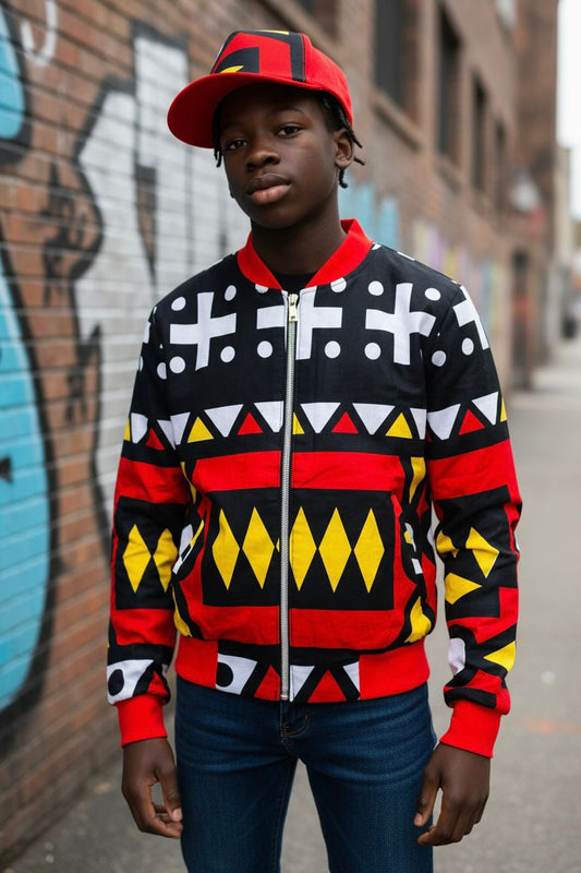 Ensemble enfant composé d’un bomber et d’une casquette en wax africain, look vibrant et unisexe inspiré de la culture africaine.