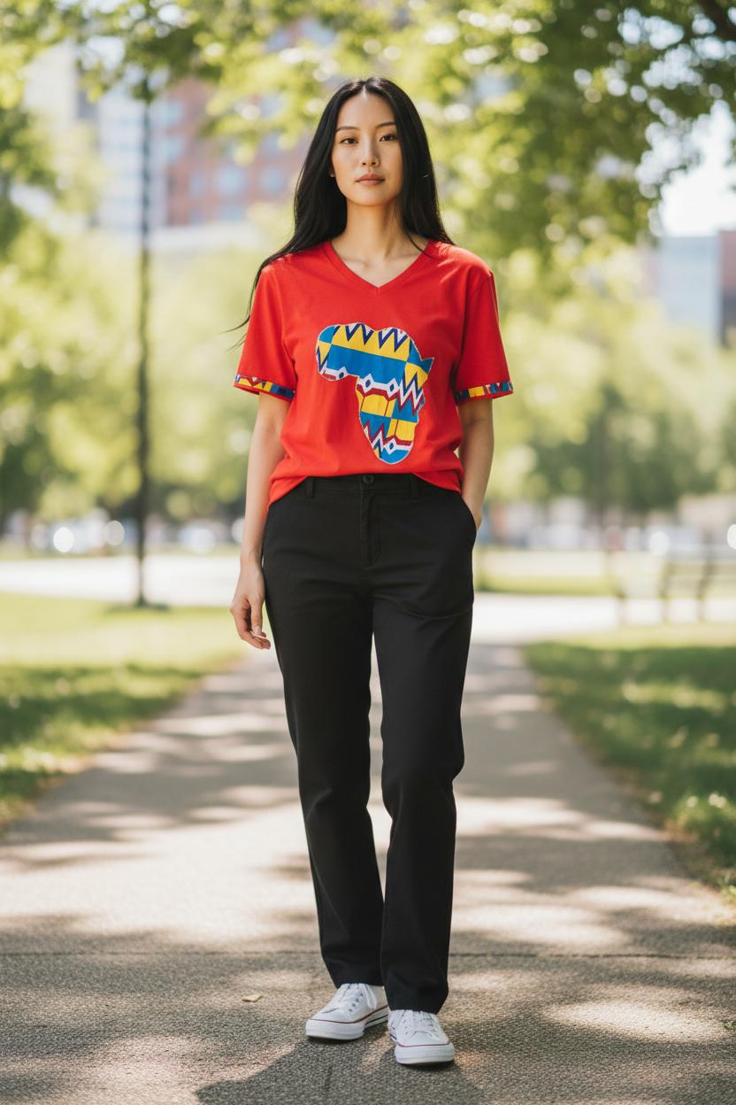 T-shirt rouge pour femme Deido, coupe col V, touches Wax faites main, modèle confortable et unique.