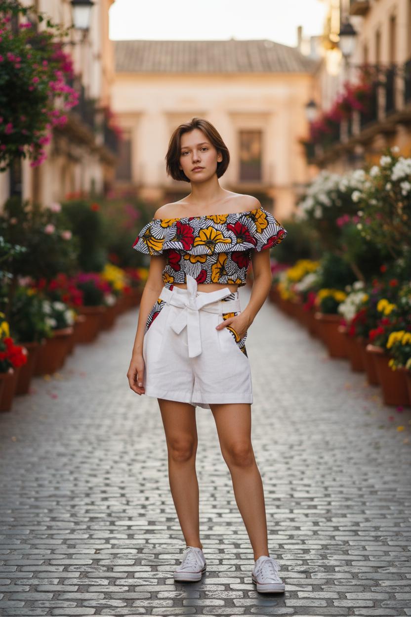 Tenue de cérémonie enfant en wax floral – ensemble crop top et jupe taille haute pour fille