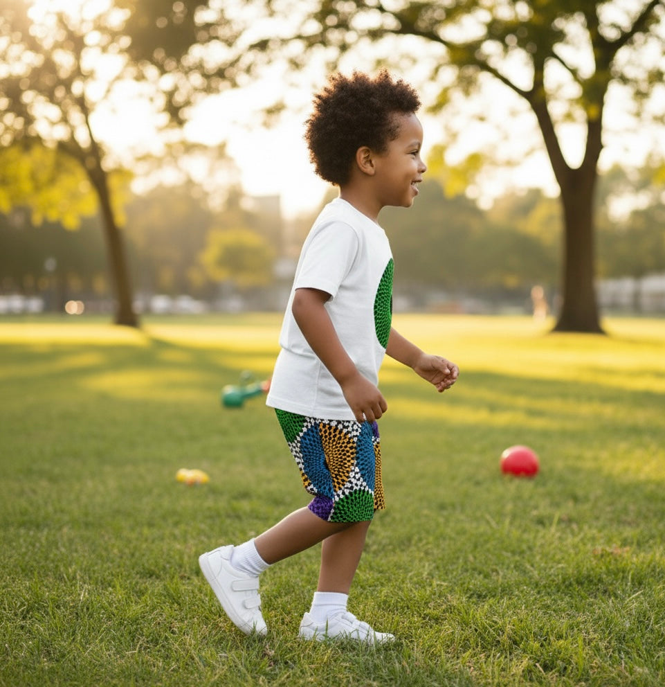 Ensemble Enfant Garçon DIA – T-shirt Customisé et Bermuda en Wax