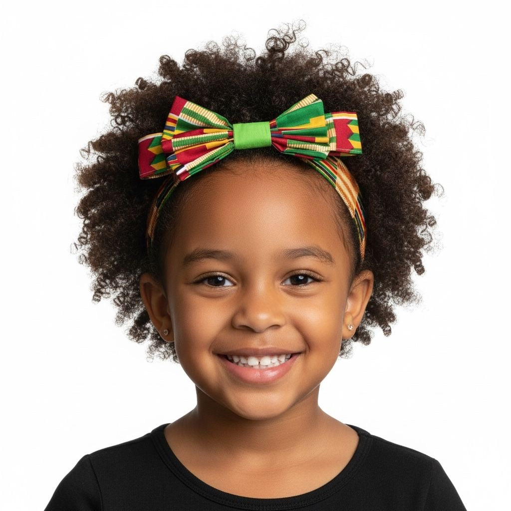 Bandeau afro moderne pour fille en wax Kente, nœud devant et élastique arrière
