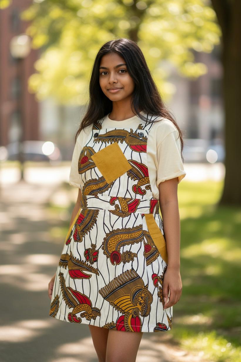 Salopette colorée en tissu wax pour fille, avec motifs africains traditionnels et bretelles ajustables.
