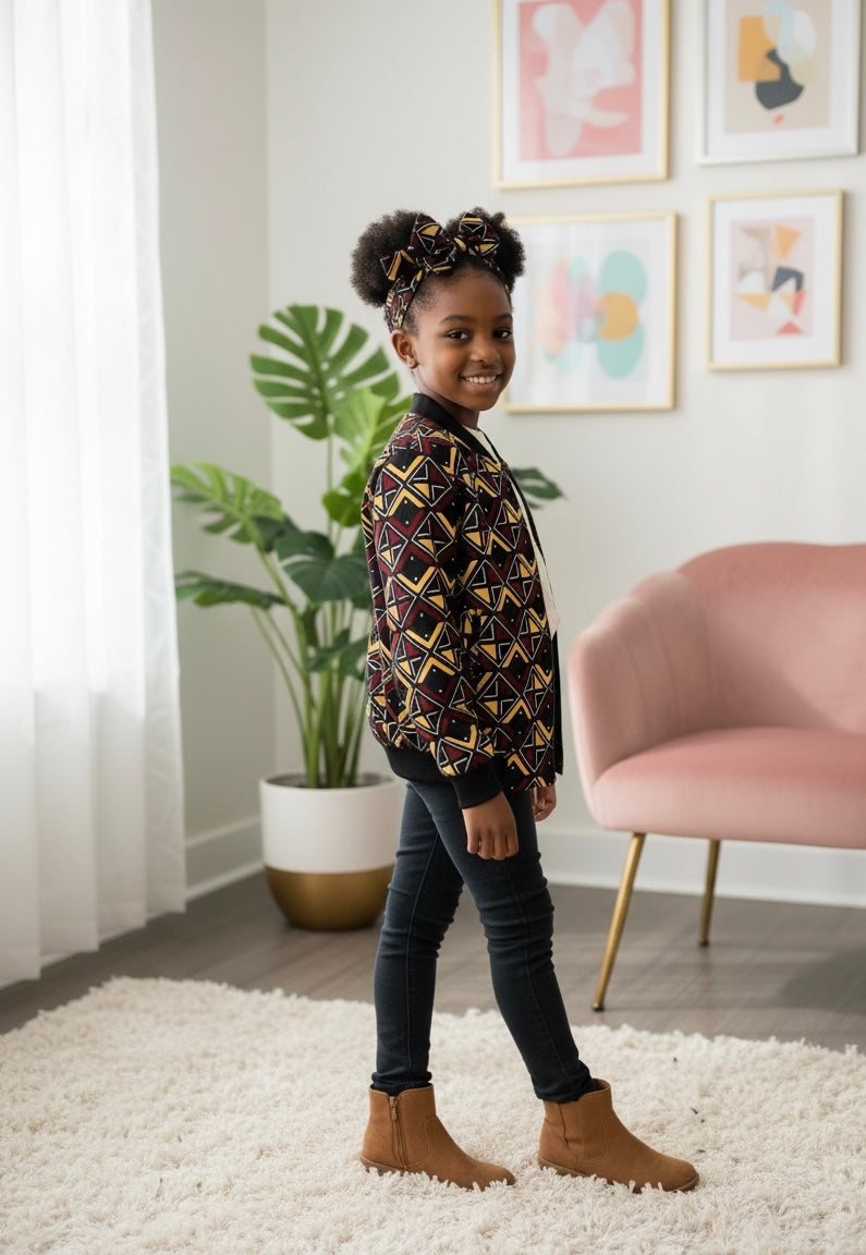 Veste bomber en bogolan pour fille, avec bandeau assorti, style moderne et imprimés africains authentiques.