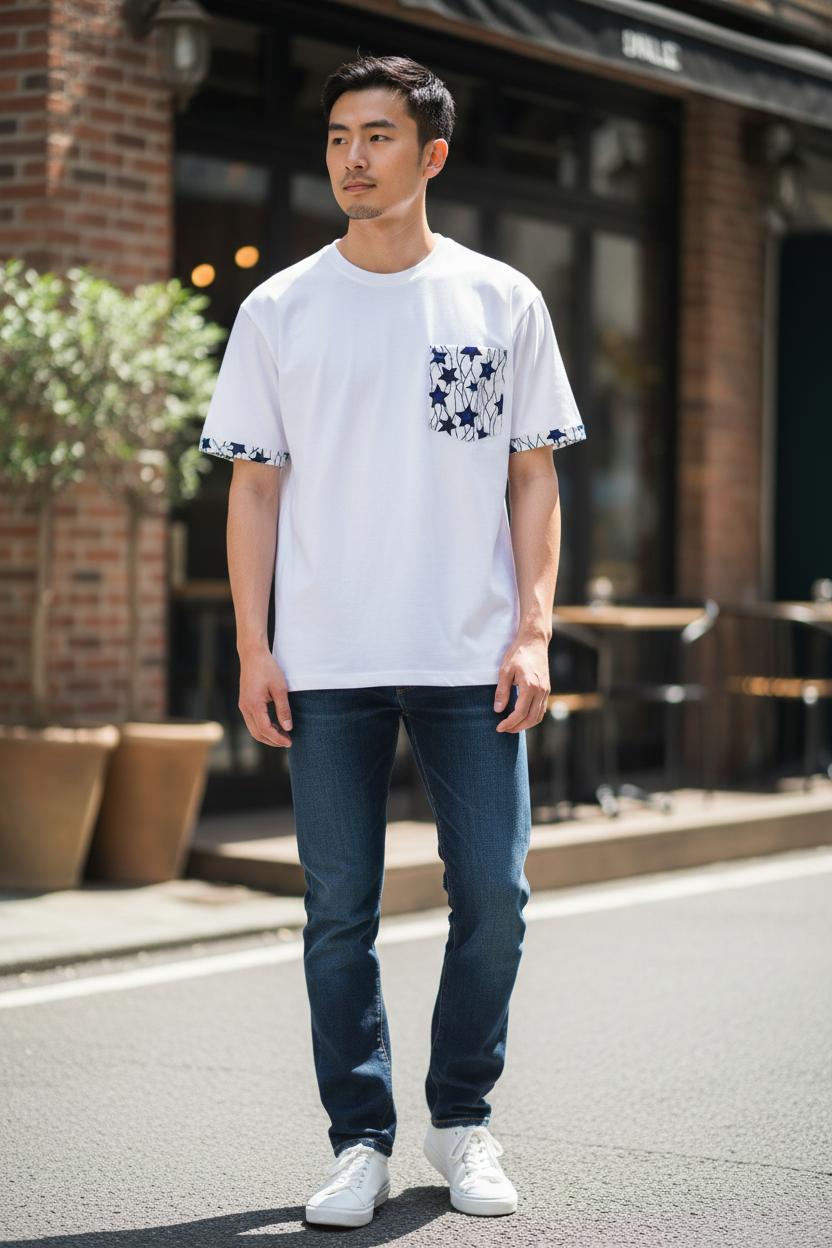 T-shirt artisanal Ngando en coton blanc, customisé à la main avec poche Wax et finitions colorées.