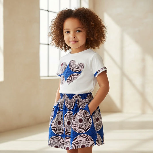 Tenue fille composée d’une jupe en wax coloré et d’un t-shirt personnalisé avec tissu wax – idéal pour l’été