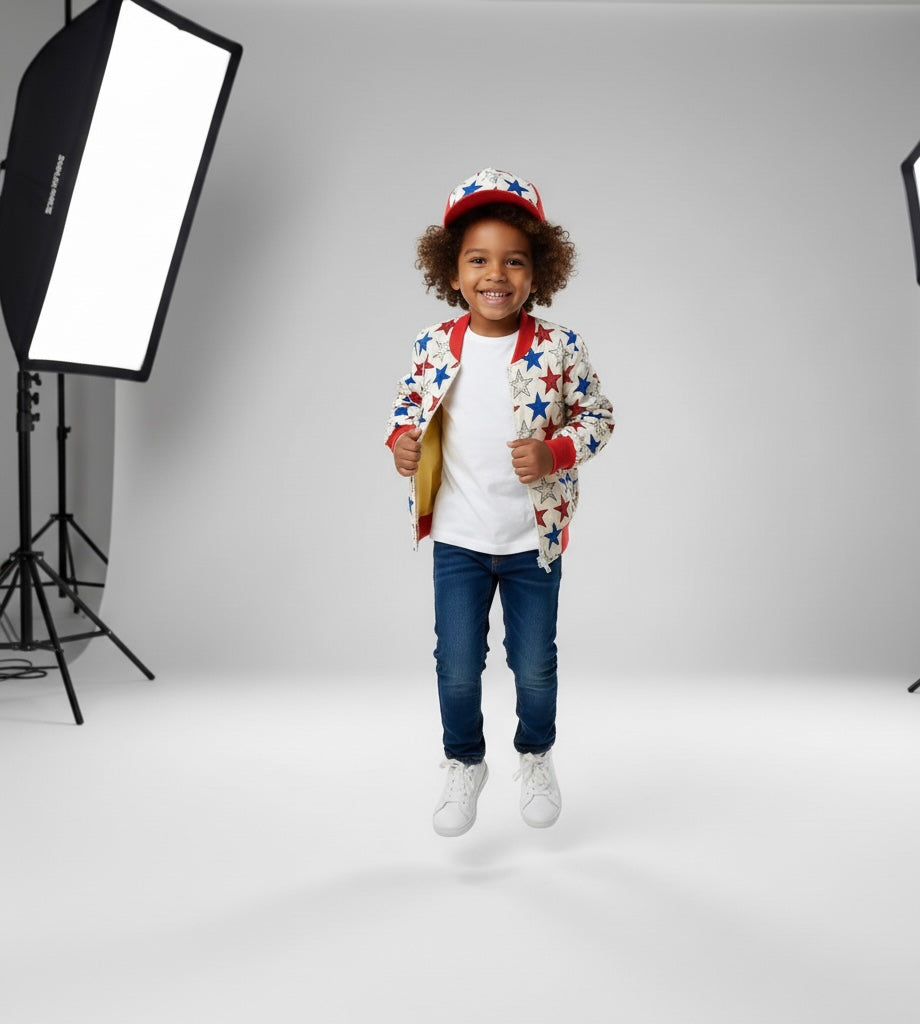 Bomber et casquette assortis pour enfants, avec empiècements en wax pour une tenue stylée, mixte et pleine de caractère.