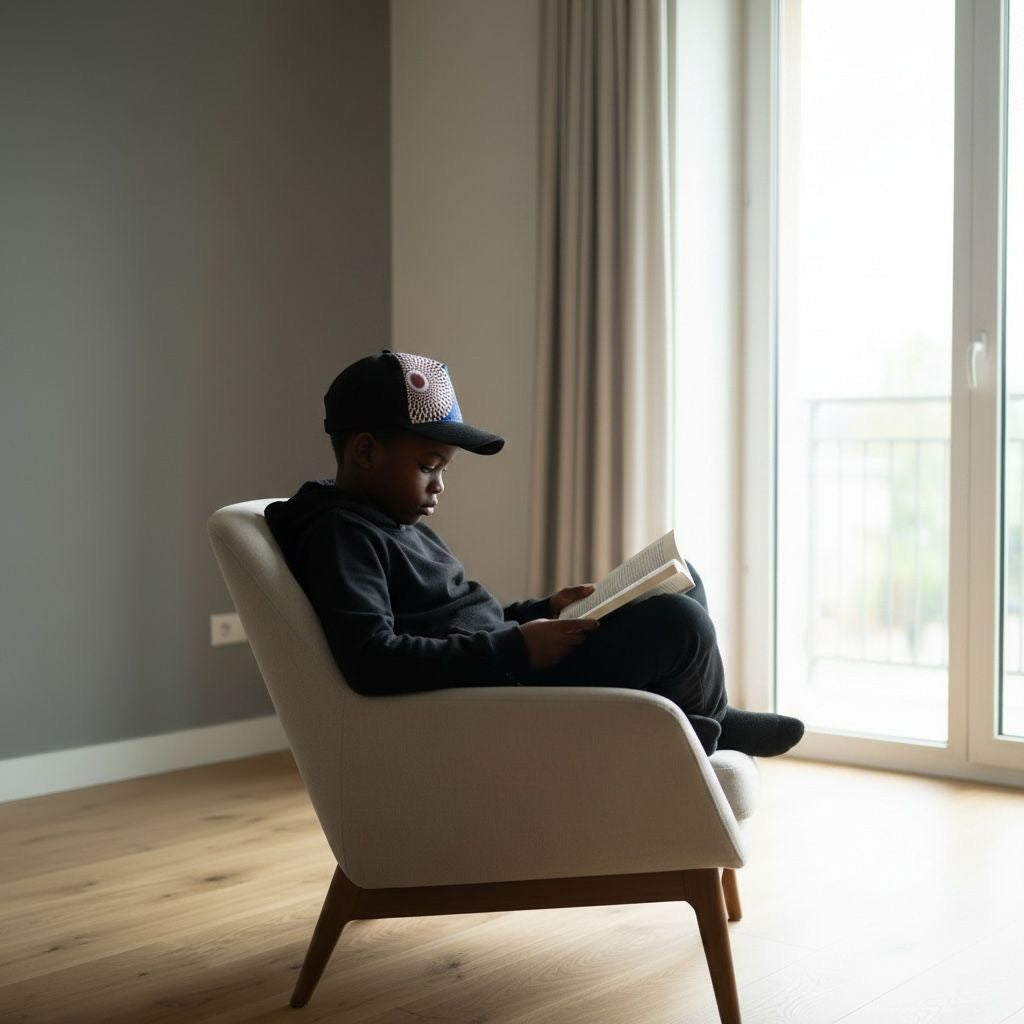 Casquette enfant MBEMA portée avec tissu wax bleu et bordeaux à motifs ronds, création artisanale afro moderne pour enfants de 2 à 12 ans