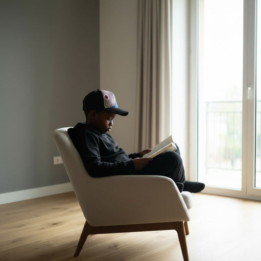 Casquette enfant MBEMA portée avec tissu wax bleu et bordeaux à motifs ronds, création artisanale afro moderne pour enfants de 2 à 12 ans