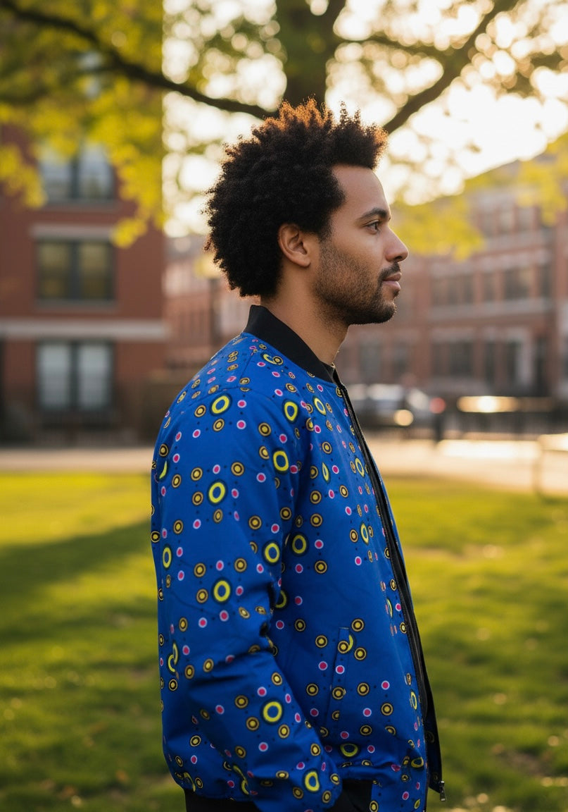 Bomber mixte en tissu wax (coton imprimé) colorés, coupe droite, col, poignets et base côtelés, fermeture zippée centrale et poches latérales.