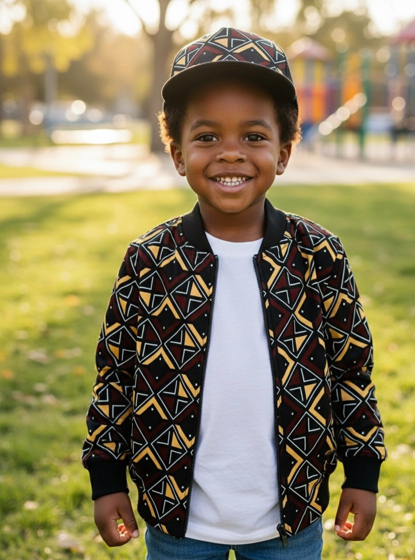 Bomber et casquette coordonnés en tissu wax pour enfant, tenue mixte alliant style urbain et motifs africains vibrants.