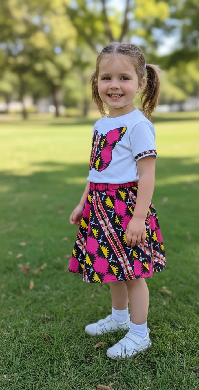 Ensemble fille jupe évasée en wax et t-shirt customisé avec empiècements wax assortis – style afro coloré