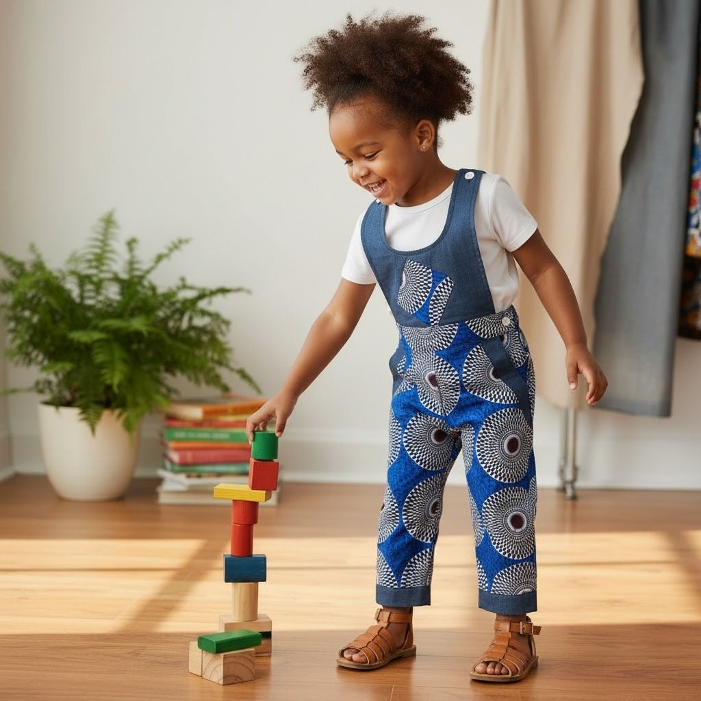 Salopette fille en jean et wax africain fait main, modèle MBEMA pantalon, vêtement afro moderne pour enfant.
