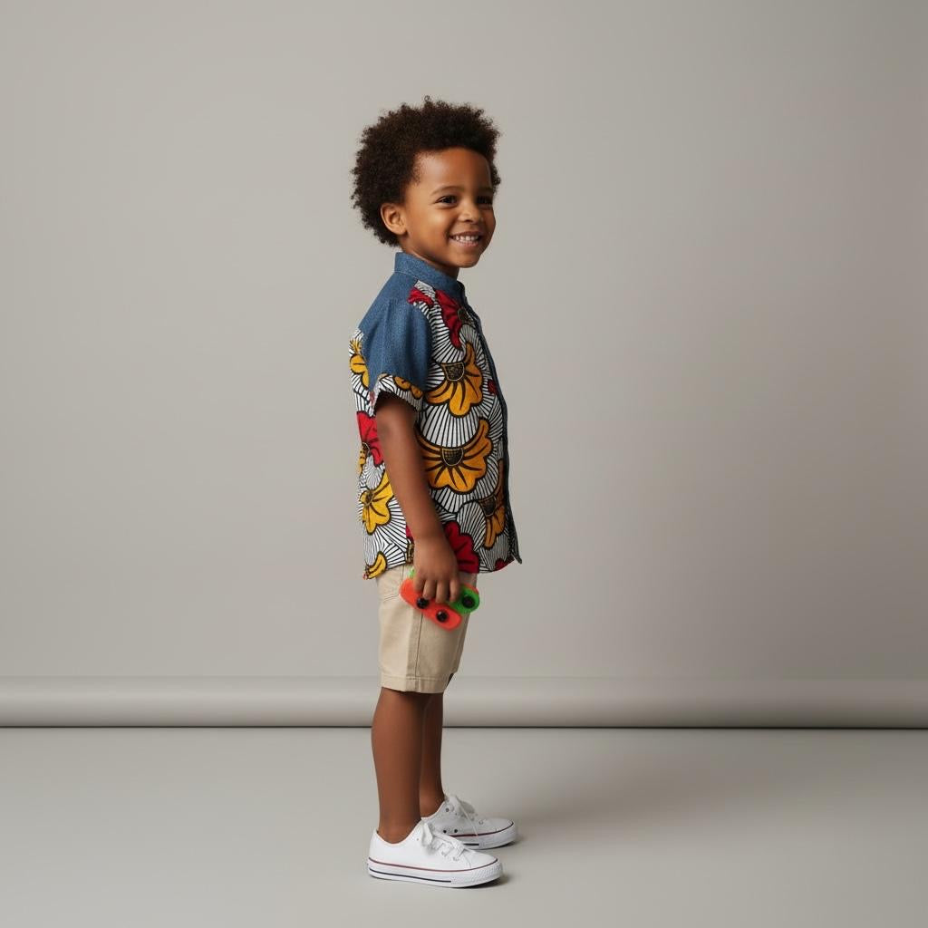 Garçon portant une chemise wax et denim style afro moderne tenue enfant printemps été