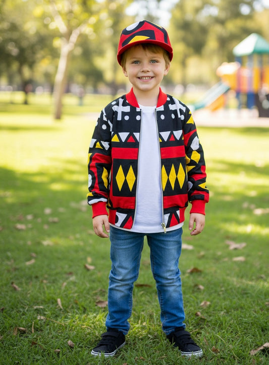 Ensemble enfant composé d’un bomber et d’une casquette en wax africain, look vibrant et unisexe inspiré de la culture africaine.