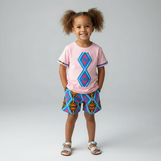 Ensemble fille wax rose avec short taille élastique et t-shirt motif losange fait main