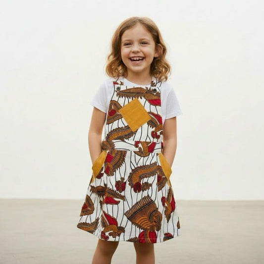 Salopette colorée en tissu wax pour fille, avec motifs africains traditionnels et bretelles ajustables.