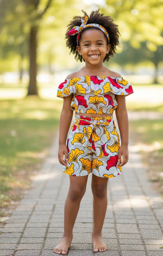 Tenue fille élégante en tissu wax de mariage avec short taille haute, haut à épaules nues et bandeau coordonné.