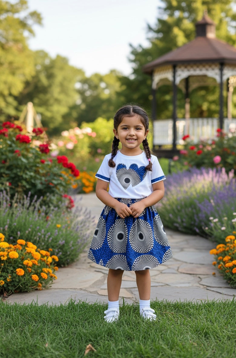 Tenue fille composée d’une jupe en wax coloré et d’un t-shirt personnalisé avec tissu wax – idéal pour l’été