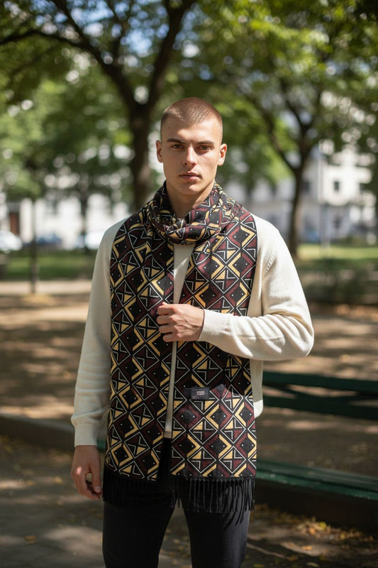 Écharpe wax bogolan pour adultes, avec un côté en polaire molletonnée noire offrant chaleur et confort.