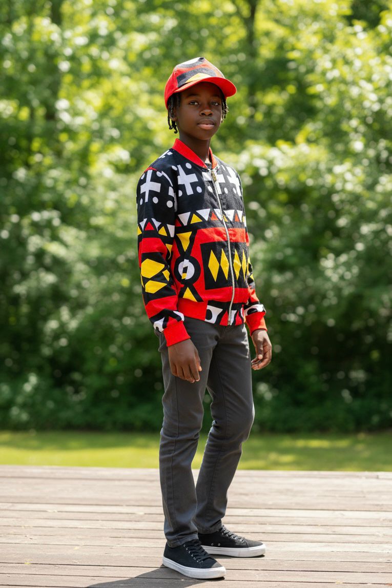 Enfant portant un bomber en tissu wax avec casquette assortie, tenue mixte colorée et moderne pour garçon ou fille.