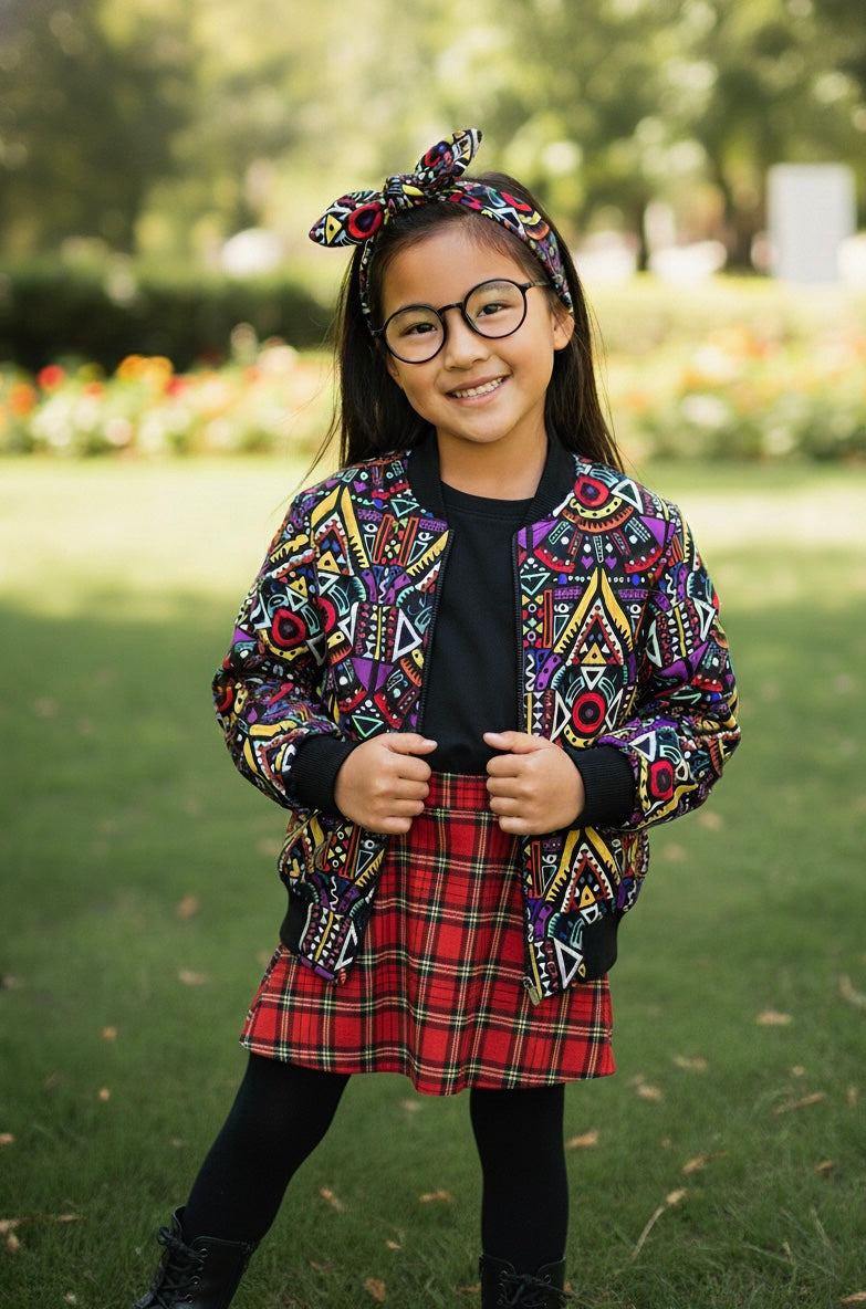 Bomber coloré en wax pour fille avec motifs africains, accompagné d’un bandeau assorti.