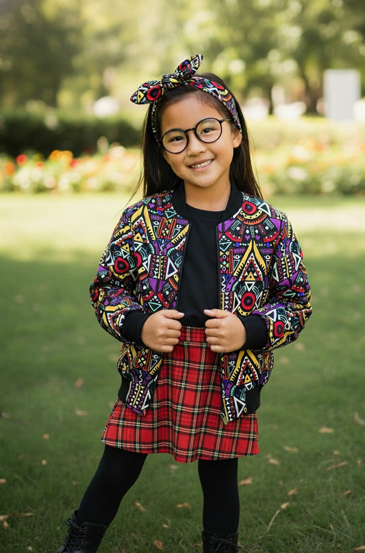 Bomber coloré en wax pour fille avec motifs africains, accompagné d’un bandeau assorti.