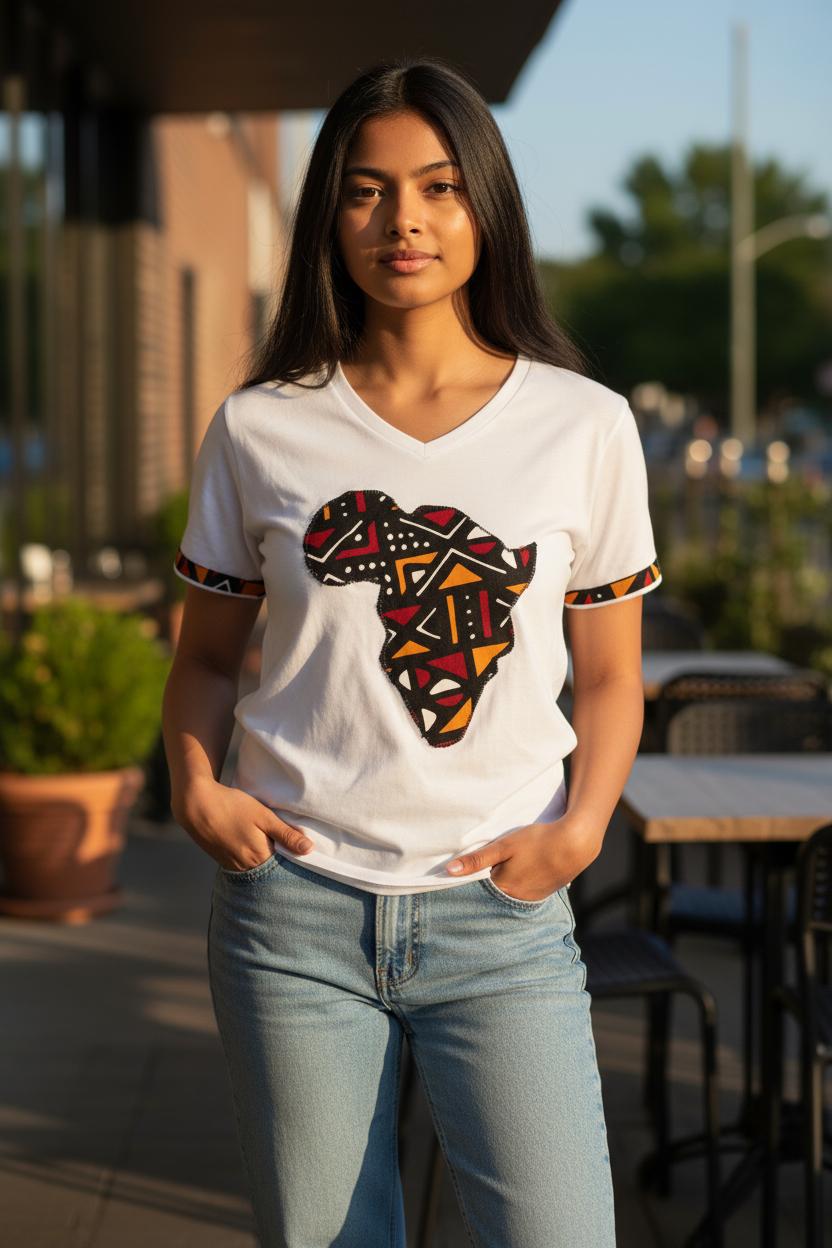 T-shirt Bogolan blanc pour femme, coupe col V, customisation artisanale Bogolan sur la poitrine et les manches.