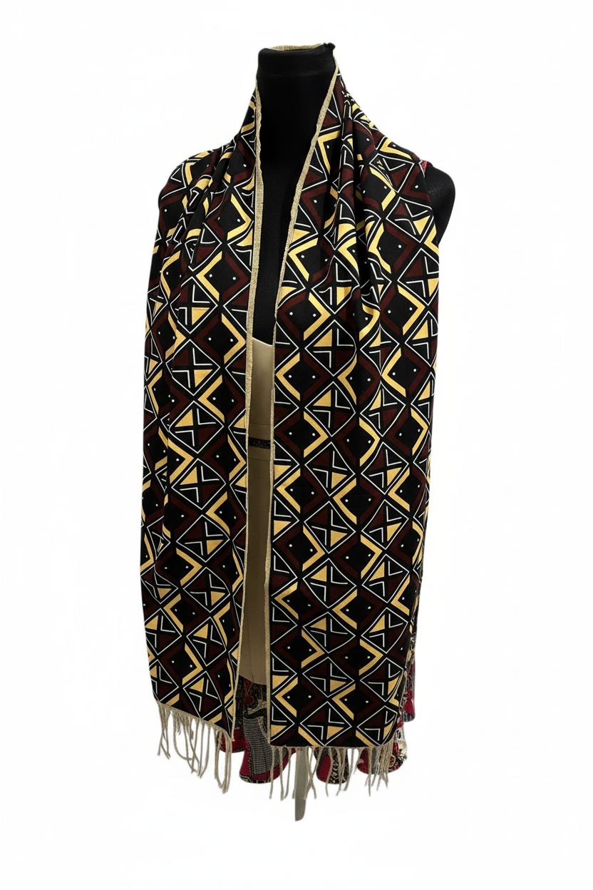 Écharpe BOGOLAN-mixte wax & polaire beige-Fait Main