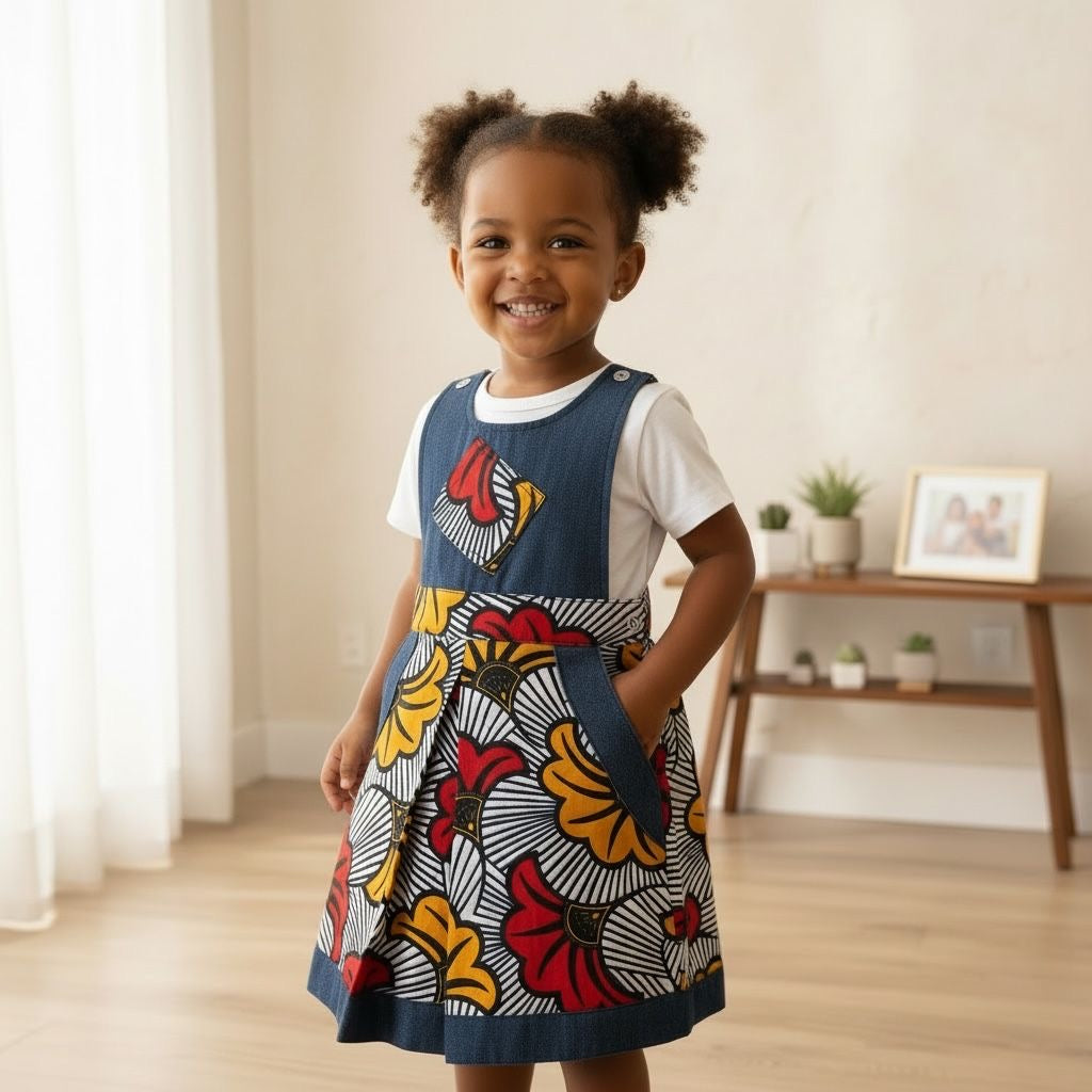 Enfant portant une salopette en wax floral et denim look afro moderne printemps été