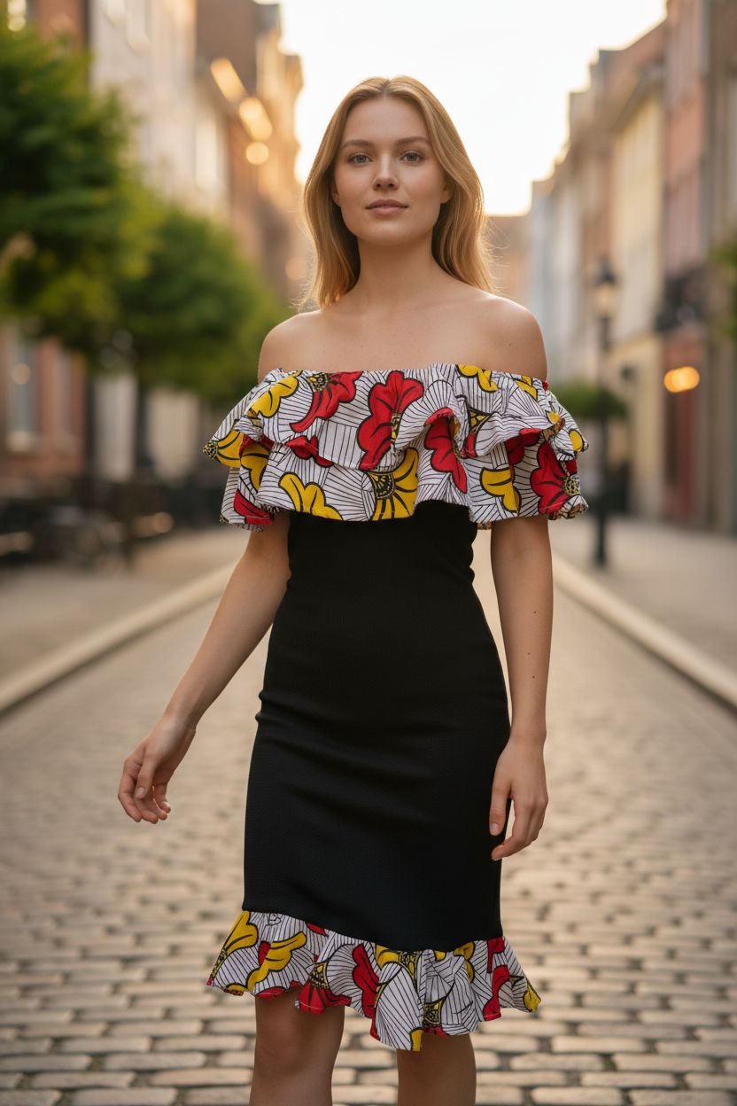 Robe moulante femme en tissu uni, customisée avec des empiècements wax à motif fleur de mariage sur le haut et le bas. Tenue chic et moderne, parfaite pour sublimer la silhouette avec une touche afro élégante.