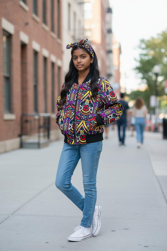 Bomber coloré en wax pour fille avec motifs africains, accompagné d’un bandeau assorti.