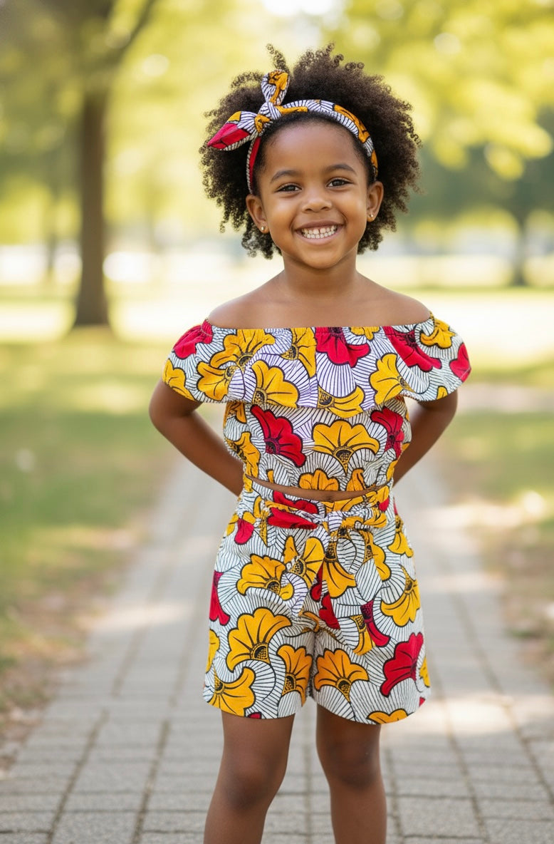 Ensemble fille en wax fleuri pour cérémonie : short taille haute, top épaules dénudées et bandeau assorti.