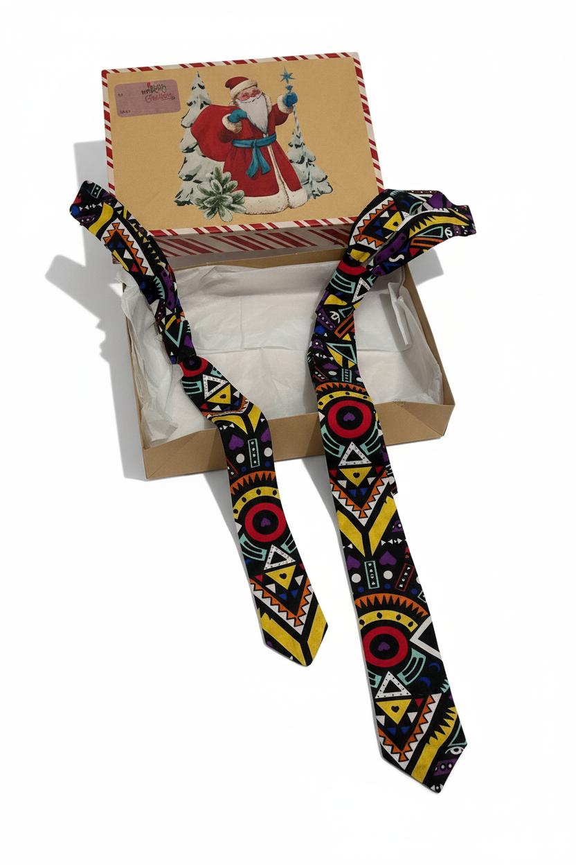 Box de Noël Afro Moderne  avec deux cravates en wax coton pour adulte et enfant, motif géométrique visible