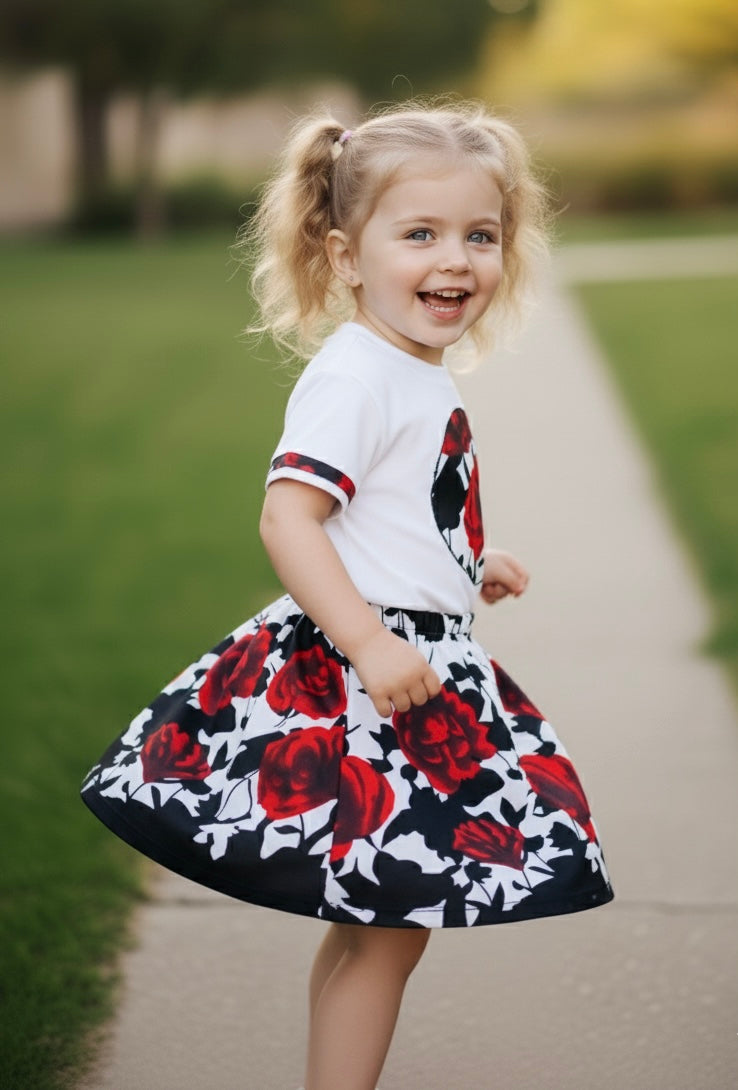 Petite fille debout en extérieur, habillée d’un t-shirt blanc décoré d’un motif en wax placé à la main, accompagné d’une jupe évasée en wax multicolore. Look original, vibrant et culturellement affirmé.
