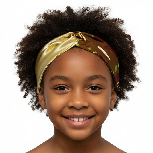 Bandeau enfant DINA réversible en wax bogolan marron et satin marron clair – fait main