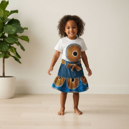 Ensemble Eseka pour filles 2-12 ans : jupe bi-matière en jean et wax avec ceinture, T-shirt blanc coton 100% avec détail wax en cercle, style afro moderne