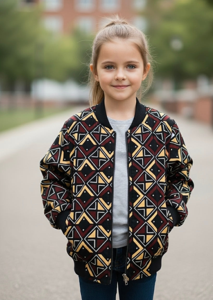 Enfant portant un bomber mixte en wax inspiré du bogolan, vêtement unisexe à motif traditionnel revisité pour une occasion spéciale.